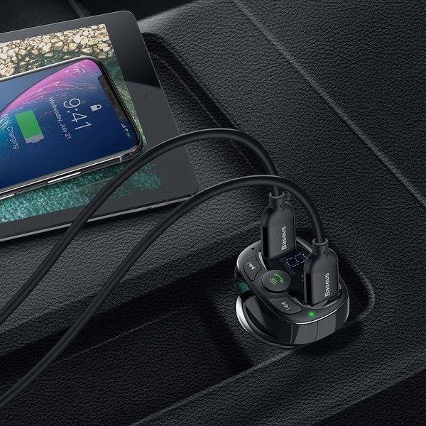 FM vysílač BASEUS typu T s Bluetooth 4.2, MP3 přehrávačem a autonabíječkou 2x USB 3,4A