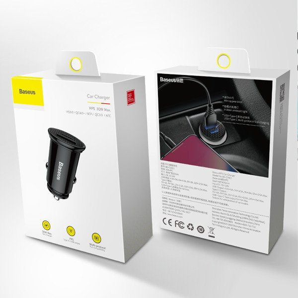 Autonabíječka BASEUS s kulatým plastovým konektorem USB-A a USB-C 30W