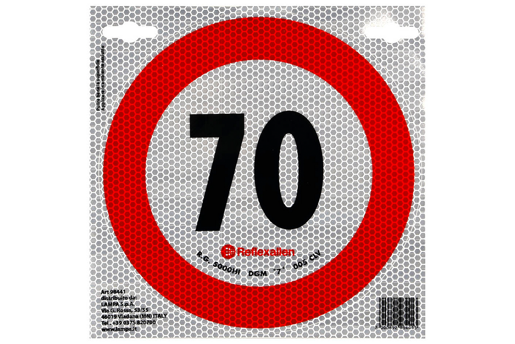 Reflexní nálepka LAMP s omezením rychlosti 70 km/h, značka B-33