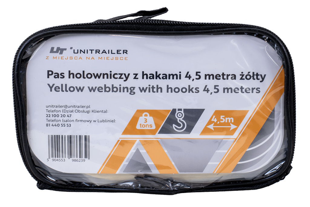Tažné lano UNITRAILER s háky, tažný popruh 4,5 m/50 mm/3 t žlutý