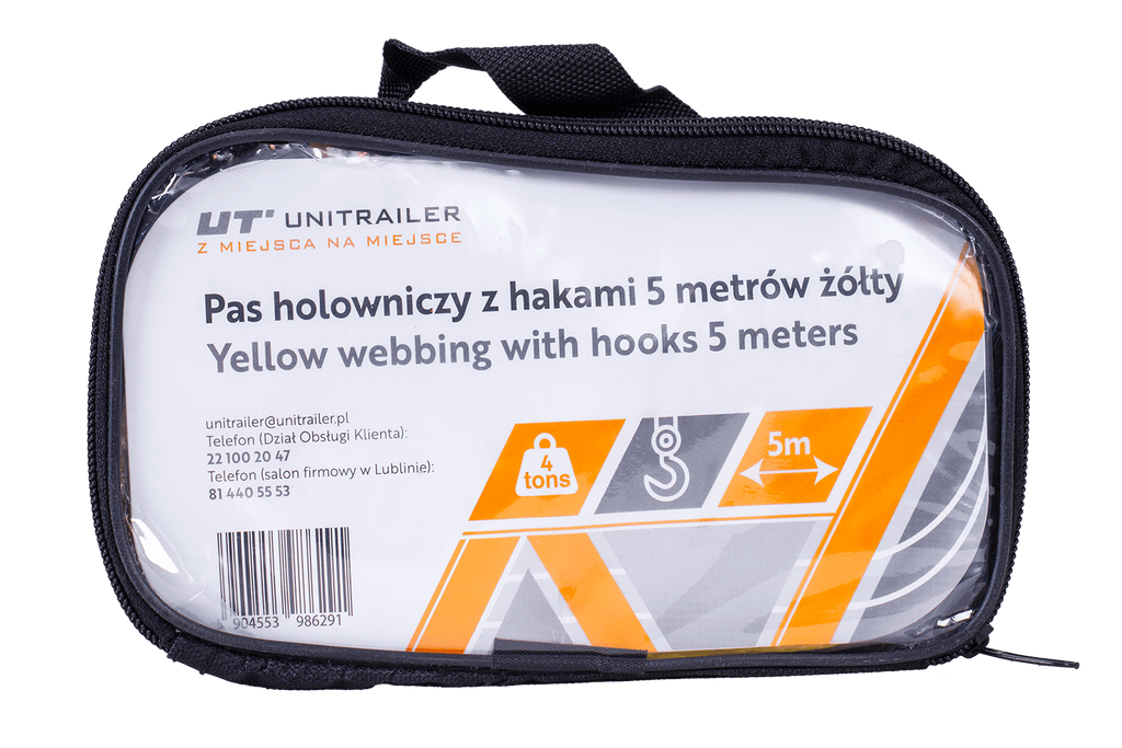 Tažné lano UNITRAILER s háky, tažný popruh 5m/50mm/4t žlutý