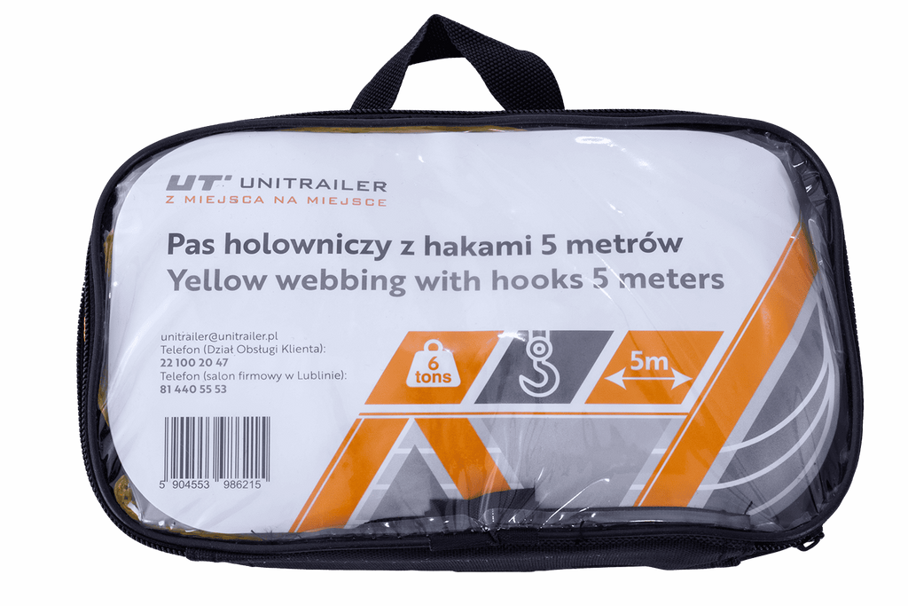 Tažné lano UNITRAILER s háky, tažný popruh 5m/50mm/6t žlutý