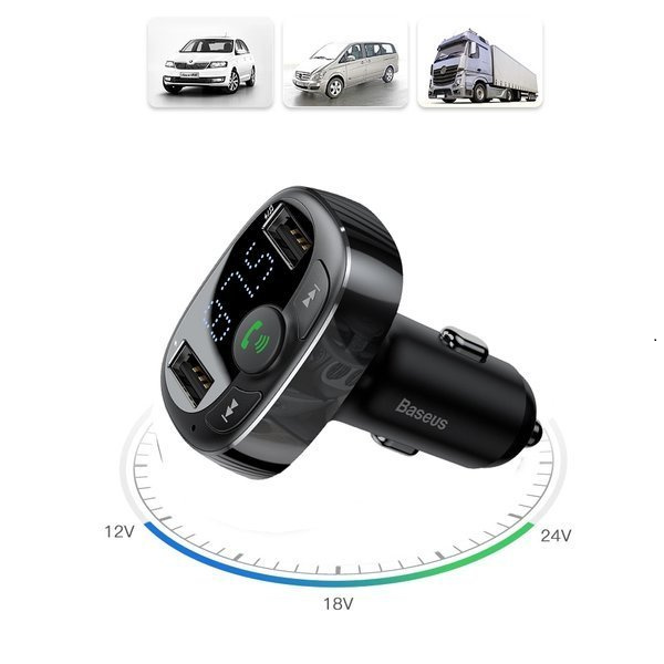 FM vysílač BASEUS typu T s Bluetooth 4.2, MP3 přehrávačem a autonabíječkou 2x USB 3,4A