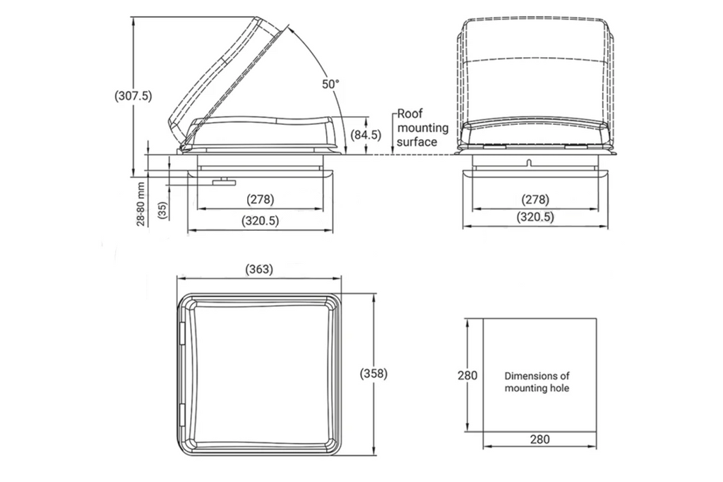 Střešní okno pro obytné vozy ProPlus 610900V01, střešní odvětrávací otvor 280x280 mm