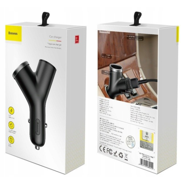 Nabíječka do auta BASEUS Y typu 2xUSB, zásuvka pro zapalovač cigaret 40W