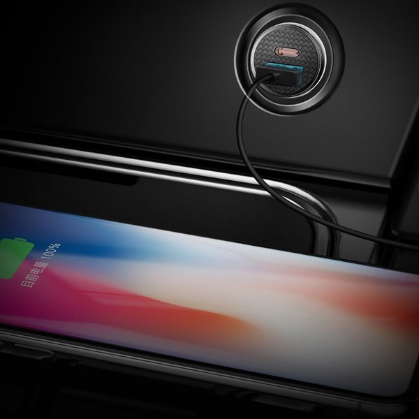 Autonabíječka BASEUS s kulatým plastovým konektorem USB-A a USB-C 30W
